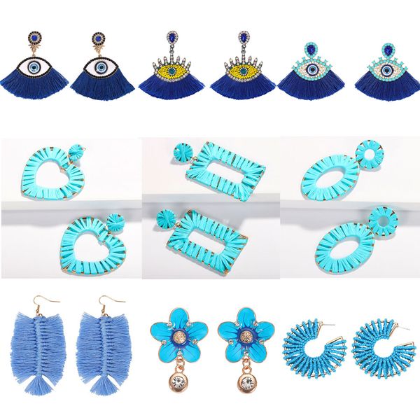 

lady trendy handmade raffia crystal eyes drop earrings for women unique wedding jewelry boho fringed tassel earrings party, Silver