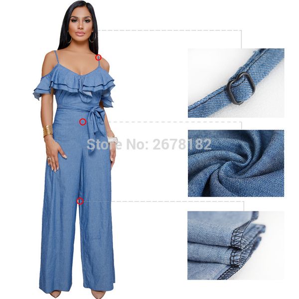 

summer off shoulder denim jumpsuit women wide leg pants loose casual ruffle jumpsuit bodycon backless, Black;white