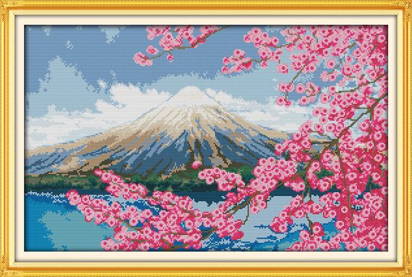 Mount Fuji Japan Landschaft Wohnkultur Ölgemälde, handgemachte Kreuzstich-Stickerei-Handarbeitssets, gezählter Druck auf Leinwand DMC 14CT /11CT