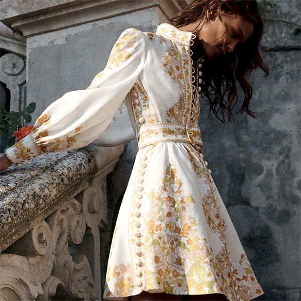 

2020 spring new women's linen vintage printing button stand lantern sleeve temperament dress with belt, Black;gray