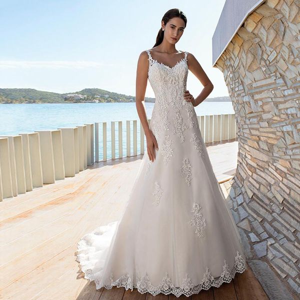 Sexy surpreendentes A Line Wedding Dresses Sereia Spaghetti Open Back apliques Modern Jardim vestido de noiva Robe De Mariage Custom Made