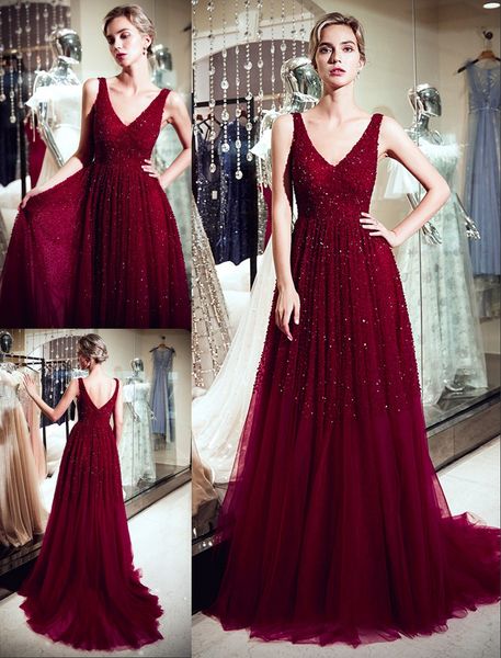 

100% real image major beaded crystals formal party evening dresses cluxury burgundy tulle a line long prom dresses v neck ps1178, Black