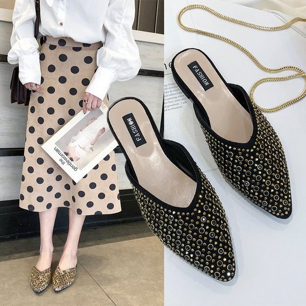 

closed-toe semi-trailing shoes women's summer outer wear 2019 new style rivet pointed toe chunky heel women's mules shoes low he, Black