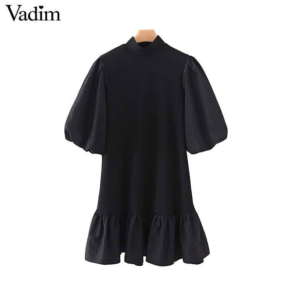 

vadim women elegant office wear mini dress short lantern sleeve female casual chic black dresses solid summer vestidos qd048, Black;pink