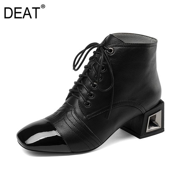 

deat] 2019 new spring summer square toe lace-up patent pu leather single women high heels boots 41 42 43 size fashion 10sj269, Black