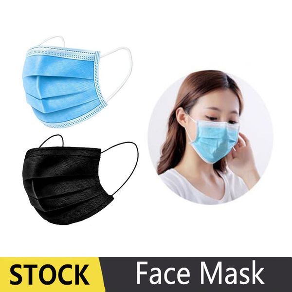 

stock 800pcs disposable 3-layer face masks anti dust breathable disposable elastic earloop mouth cycling blue black mask