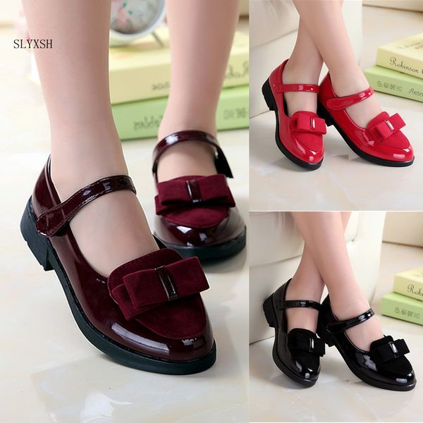 

children flat leather shoes girls 2018 spring children shoes for girls sweet bow princess 4-12 year girl dress party, Black;grey