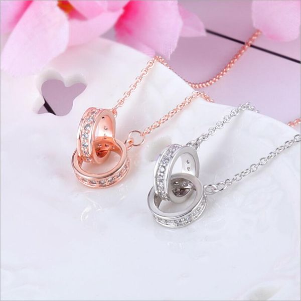 

новый 925 серебряное ожерелье циркон круглый подвеска женщины розовое золото серебро нержавеющая сталь ювелирные изделия подарок, Silver