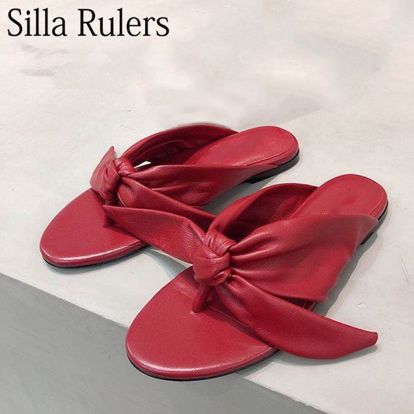 

slippers 2021 runway summer round toe butterfly-knot woman genuine leather flip flops flat heels shoes, Black