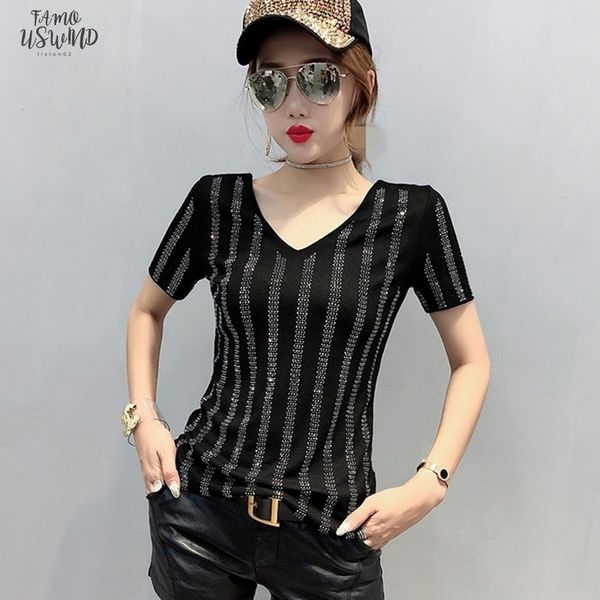 

korean 2020 summer new diamonds tshirt women short sleeve backless women camiseta women mujer tshirt woman office lady t95014, White