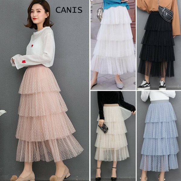 

2019 women pleated tulle skirt a line high waist summer tutu ball gown beach long skirt sundress casual cake party, Black