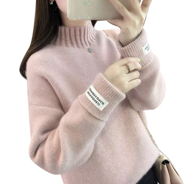 

women's sweater 2019 autumn winter solid color half high collar embroidery slim bottom loose pullover sweater jersey mujer, White;black