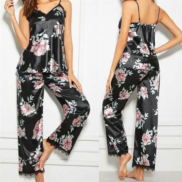 

fashion casual loose floral print women ladies pajamas sets v-neck lace sleeveless nightwear summer pullover clothes, Blue;gray