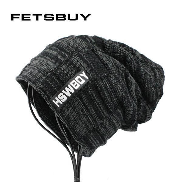 

fetsbuy] mens hat winter skullies knitted wool hat plus velvet hip hop cap gorro thicker bonnet beanie for men hats touca 18002