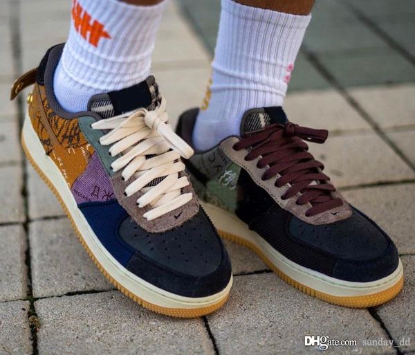 

new authentic travis scott x airforce1 1 low cactus jack multi color muted bronze fossil running shoes men women sports sneaker cn2405-900