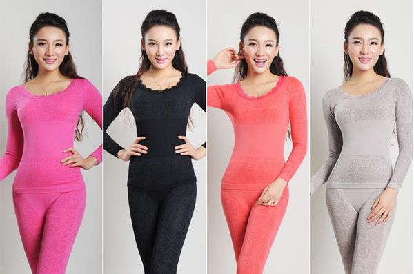 

women thermal underwear sets o-neck high elastic slim long johns set comfortable warm modal +pants underwear set, Black;white