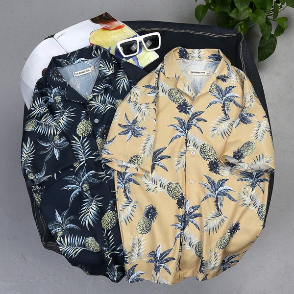 

2019 new arrival men fashion brand summer leaves flower pineapple print loose short sleeve shirt male hawaiian style beach shirt, White;black