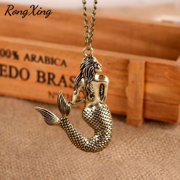 

rongxing vintage fashion gold/silver mermaid pendants necklaces for women antique jewelry female long chain statement necklace