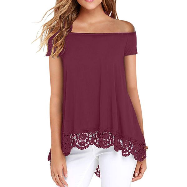 

ins новые кружева блуза лета европейские и американский стиль tube boat-образным вырезом с коротким рукавом асимметричная кружева футболки п, White