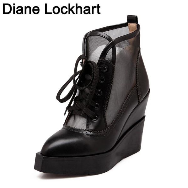 

dress shoes women breathable mesh wedges lace-up loafers high heels platform casual comfort creepers woman botas summer flower shoe, Black