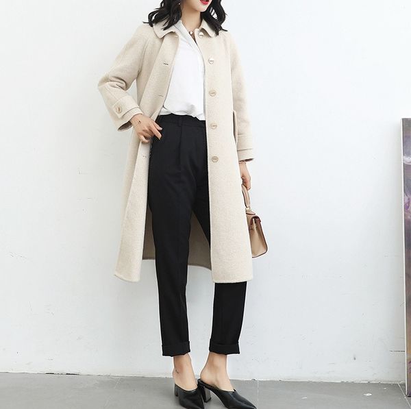 

coat female 2019 spring woolen coat female medium length alpaca outerwear women's clothing slim new, Black