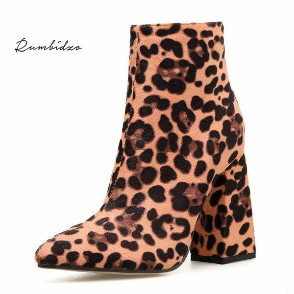 

plus size 35-42 women ankle boots pumps chunky heeled pointed toe boats mujer leopard party nightclub winter boots zapatos, Black