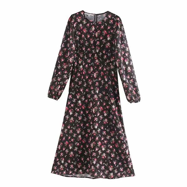 

agong o neck slim dresses women fashion floral printed dress women elegant a line long sleeve mid calf dresses female ladies jw, Black;gray