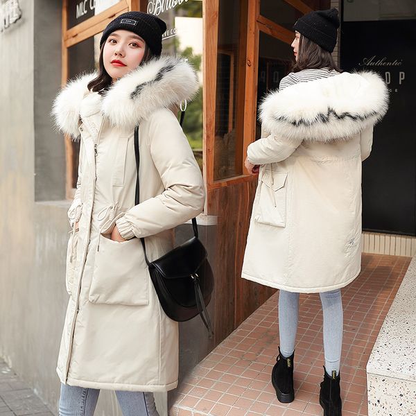 

женщины долго parkas зима супер теплая шерсть лайнера куртках минималистский стиль твердый большой меховой воротник пальто парки снег износ, Black