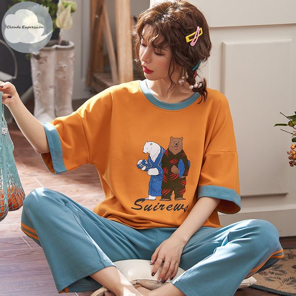 

summer knitted cotton young women's cartoon pajama set sweet girls letters nightgowns pants pajama sets sleepwear pyjamas home, Blue;gray