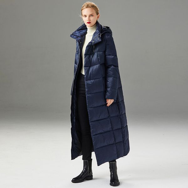 

women's winter runway down coats hooded stand collar zipper closure white duck down long warm parkas fashion outerwear, Black