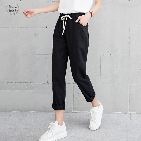 

брюки новые женщины harajuku весна осень большой размер длинные брюки белье эластичный пояс хлопок твердые лодыжки длина харен карандаш брюк, Black;white