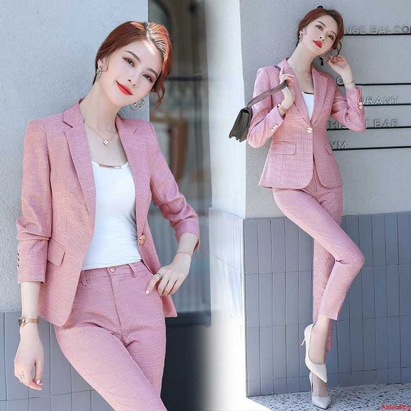 

formal pink khaki plaid women's jacket pants suit office business ladies blazer suits long sleeve 2 piece set trousers clothing, White;black