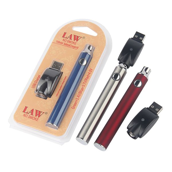 LEGGE Preriscaldamento VV Batteria 1100mAh Preriscaldamento a tensione variabile con caricabatterie USB wireless 510 Thread Vape Pen Starter Kit Blister