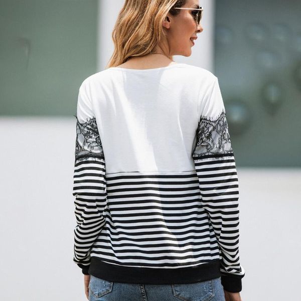 

women striped lace long sleeve round neck casual fashion autumn ladies clothes spring leisure loose sweatshirt female, Black