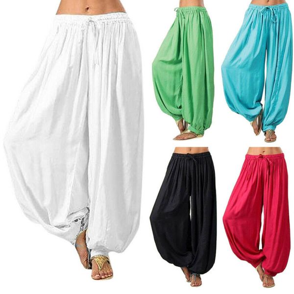 

2020 new womens harem trousers yoga baggy wide leg boho hippy loose palazzo pants cotton yoga dance pants, White;red