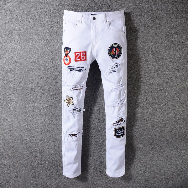 

men's distressed destroyed badge pants art patches skinny biker white jeans slim trousers size 29-42, Blue