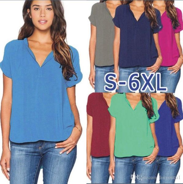 

plus size 6xl women fashion summer t shirt solid color casual short sleeve v neck t-shirt ladies new, White