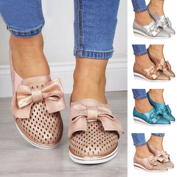 

newly women casual shoes pu leather bowknot sneakers breathable wedged heel shoes