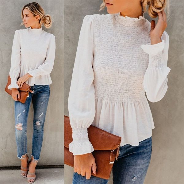 

women's blouses & shirts 2021 spring summer women fashion flare long sleeve chiffon turtleneck blouse solid clothing casual shirt whit, White