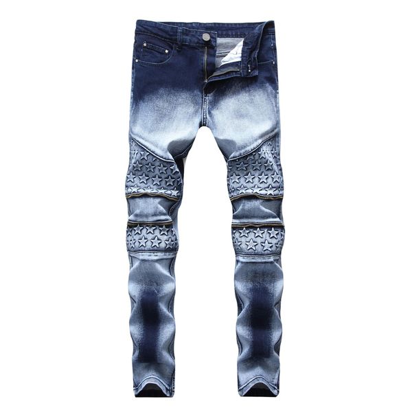

mens pants casual denim blue jeans spring autumn straight slim fit long pants with zipper stars