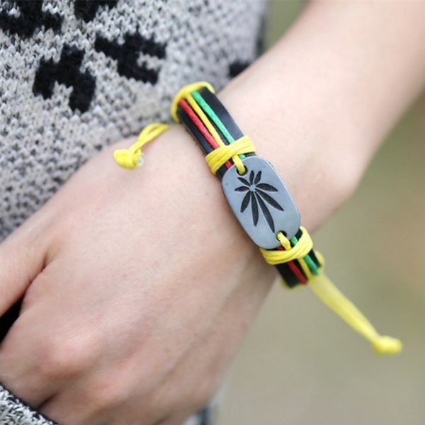 New Fashion Hiphop Alloy Charme Punk Rasta Jamaica Reggae ajustável Leather Pulseiras Bangles For Women Man