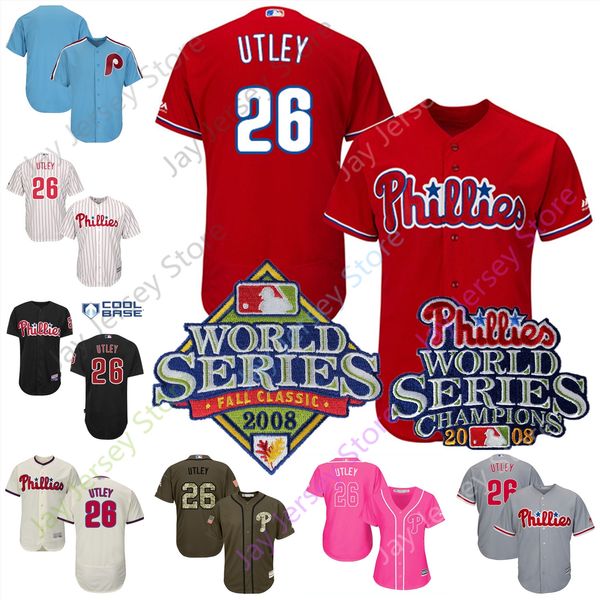 

Chase Utley Jersey Philadelphia Cooperstown Phillies 2008 World Series WS Patch Home Away MN Pullover Button Men Women Youth