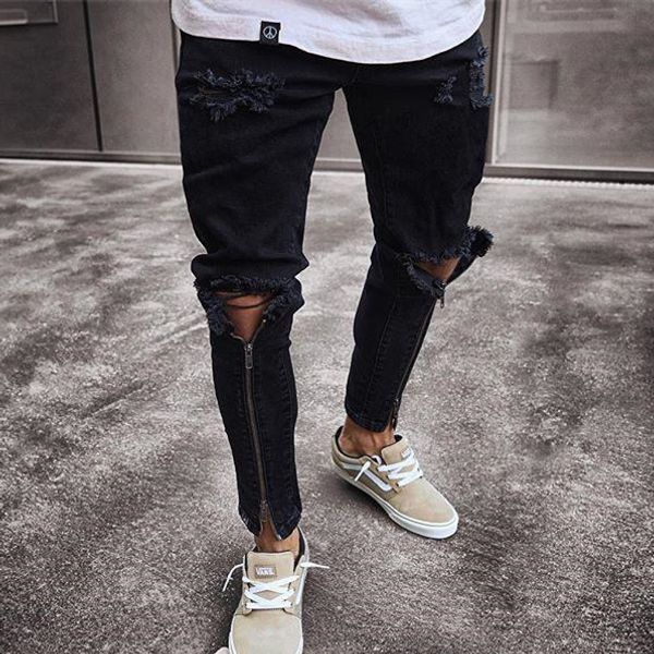 

mens designer jeans zipper holes designer jeans black ripped slim fit represen pencil pants, Blue