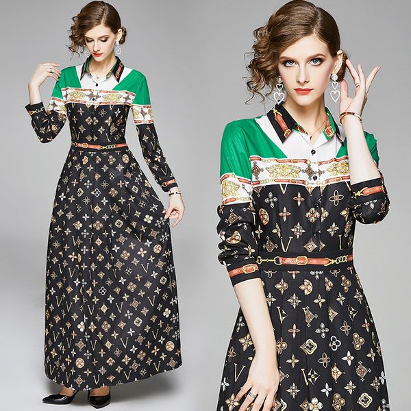 

spring summer fall runway vintage baroque belt print collar long sleeve empire waist women ladies casual party maxi dress wholesale, Black;gray