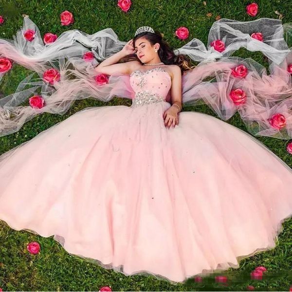 

sweet 16 pink quinceanera dresses 2019 sweetheart crystal tulle pleated floor length ball gown prom dress corset lace up party gowns, Blue;red