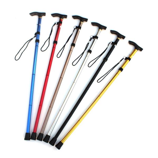 

new aluminum metal four sections walking stick easy adjustable foldable collapsible travel cane camping trekking stick