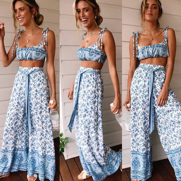 

floral print women two piece set boho bandage crop and wide leg pants streetwear loose 2pcs outfits party club outfits, White
