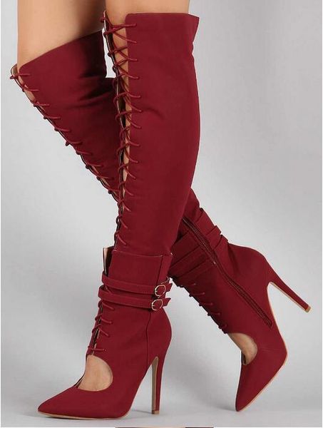 

new arrivals burgundy women high boots peep toe lace-up hollow over the knee thigh high boots cut-out zipper long, Black
