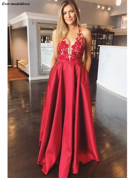 

halter red prom dresses long 2019 lace appliques backless sequins a-line graduation party gowns gala jurken 2019, White;black