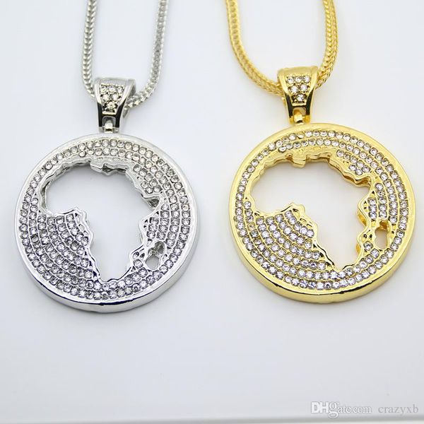 

хип-хоп ювелирные изделия кристалл полые африканская карта круглый кулон кубинская цепь замороженные мужские ожерелье рэппер модные аксессуа, Silver